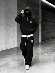 YUNCHIC Dark Style Hooded Face-Covering Sweatshirt And Loose Sweatpants With Cross Print, Casual 2 Pieces Set For Men, Autumn/Winter - Black - View 1