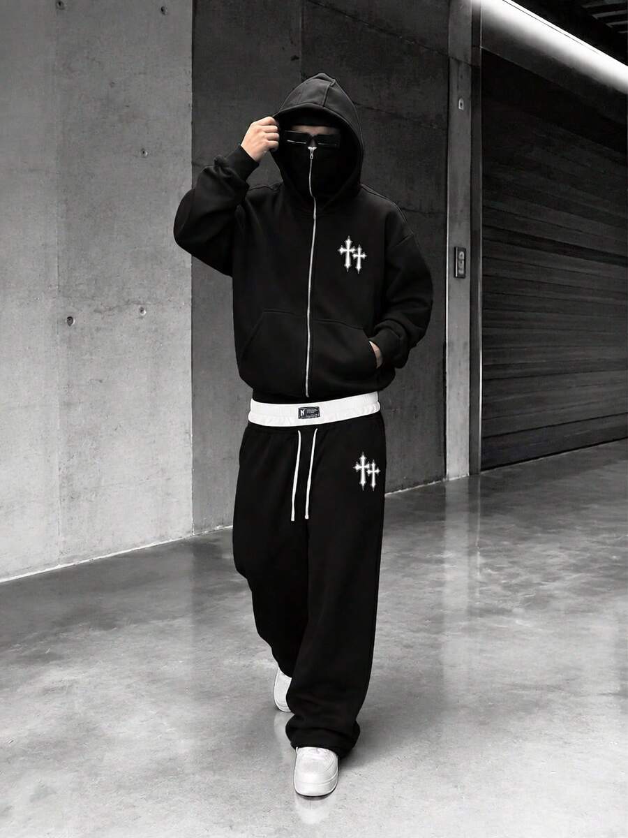 YUNCHIC Dark Style Hooded Face-Covering Sweatshirt And Loose Sweatpants With Cross Print, Casual 2 Pieces Set For Men, Autumn/Winter - Black - View 1