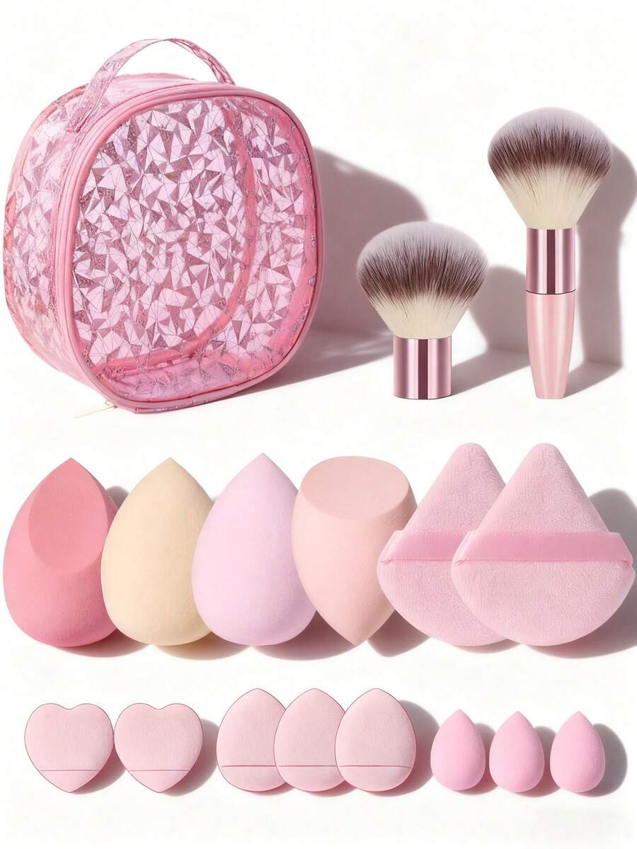 17Pcs/8pcs Pink Makeup Brushes Cosmetic Sponges Triangle Powder Puffs Finger Puffs Glitter Makeup Bag Ultra Soft For Foundation Concealer Powder Blending Makeup Tool Kit For Beginners - Pink - View 1