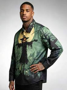 1pc Men's Textured Print Single-Breasted Pullover Long Sleeve Shirt, Handsome Versatile Polo Shirt, Casual Commute Top, Elegant Holiday Party Evening Wear, Perfect Gift For Father, Boyfriend, Dad, Friend, Halloween - Dark Green - View 6