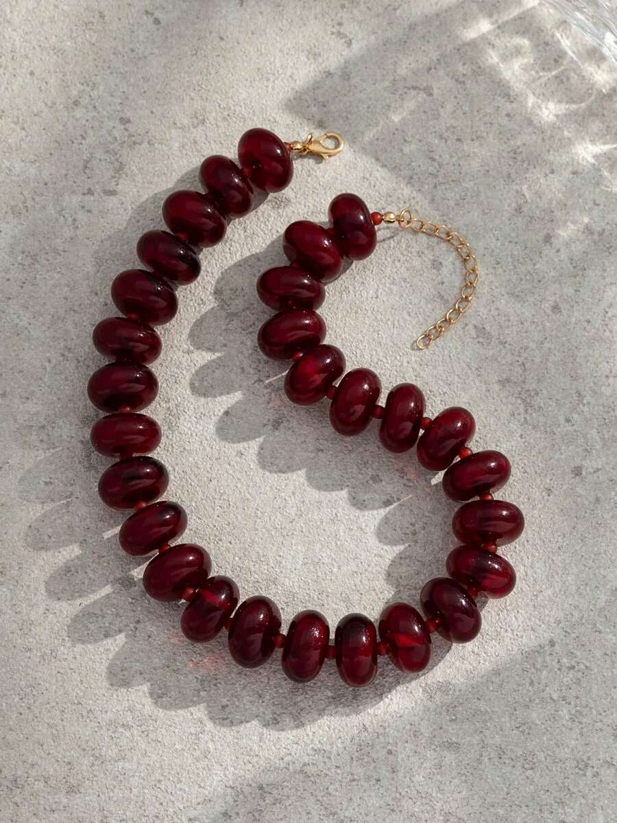 1件女款時尚極簡多巴胺糖果色誇張珠飾項鍊,百搭日常穿搭 - 酒紅色 - 查看 1