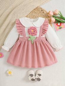 Autumn Baby Girl 2 Pieces Style Pinafore Dress With Plush 3D Floral Decor, Sweet And Cute, Suitable For Daily Wear, Gatherings And Photoshoots - Pink - View 3