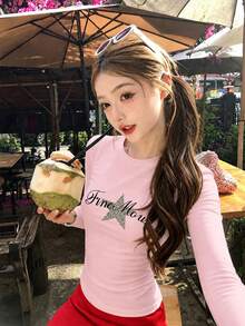 Pink Star & Letter Print Sweet Slim Fit Women's Long Sleeve T-Shirt, Autumn Niche American Style Cropped Top - Pink - View 4