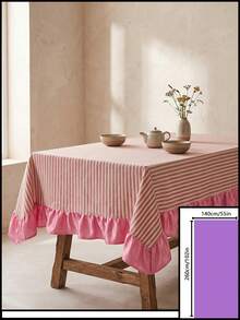 1pc White Base Red Striped Pink Ruffle Edge Tablecloth, Fresh Natural Style Fabric Rectangular Pink Ruffle Edge Patchwork Detail Decorative Functional Dining Tablecloth Suitable For Daily Home Dining And Fresh Home Decor Scenes - Red - View 21