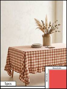 1pc Brown And White Large Plaid Ruffle Edge Tablecloth, Rustic Country Style Rectangular Same-Color Ruffle Edge Pleated Detail Decorative Functional Dining Tablecloth Suitable For Family Gatherings And Rustic Home Decor Scenes - Khaki - View 21