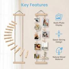 1 Set Natural Wooden Photo Hanging Rope With Wooden Clips, Multi-Photo Display Rack, No Drilling Required, Space-Saving, Suitable For Dorm, Bedroom, Desk And Wall Decoration - Multicolor - View 2