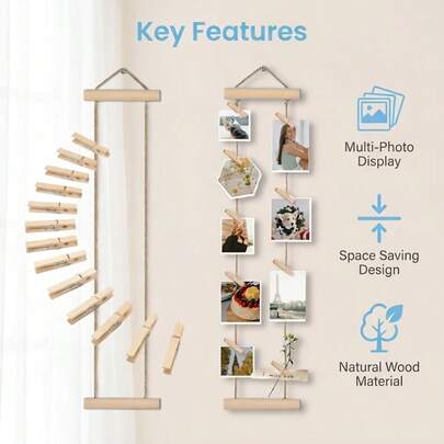 1 Set Natural Wooden Photo Hanging Rope With Wooden Clips, Multi-Photo Display Rack, No Drilling Required, Space-Saving, Suitable For Dorm, Bedroom, Desk And Wall Decoration