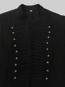 Women's Black Stand Collar Cropped Jacket, Double-Breasted Knit Contrast Design, Slimming Waist, Sexy Style - Black - View 7