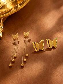 1 Set Elegant Butterfly-Shaped Stainless Steel Stud Earrings For Women, Suitable For Daily Wear/Vacation Travel/Party Dating - Yellow Gold - View 8