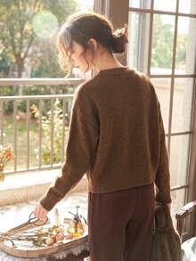 優雅女款秋冬時尚休閒簡約寬鬆針織圓領長袖開襟毛衣上衣 開學季外套 - 黃花杏 - 查看 2