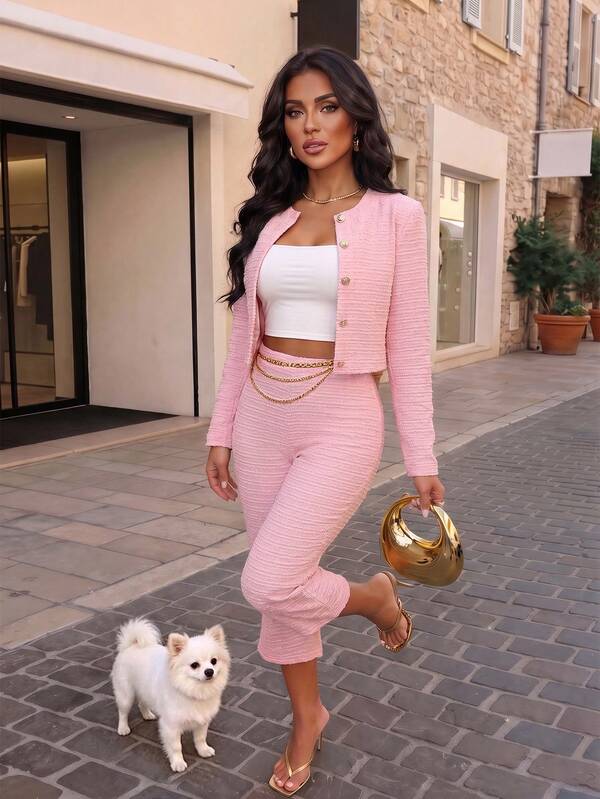 AIJ Fall Women Pink Two‑Piece Matching Set,Elegant Long Sleeve Cropped Jacket &Cropped Pants Outfit For Going‑Out Casual Daily Business, Commute, Festival