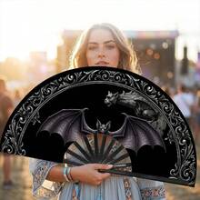Halloween Gothic Bat Gargoyle Print Folding Hand Fan, Plastic Black Ribs Style 1pc, Dark Mysterious Style Decorative Cooling Fan, Suitable For Theme Parties, Daily Outings And Gothic Style Events - A - View 10