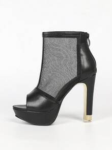 Black Chunky Heel Mesh Back Zipper Women's Sandals~Fashion High Heel Platform Peep Toe Plus Size Sandals For Women - Black - View 6