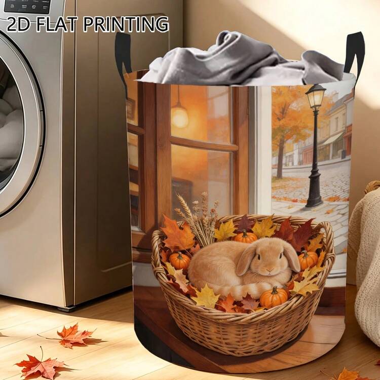 1 Buah Keranjang Cucian Bulat Motif Kelinci, , dan Daun Maple dengan Pegangan, Kapasitas Besar, untuk Penyimpanan di Kamar Tidur, Asrama, dan Rumah, Dekorasi Musim Gugur, Solusi Penyimpanan Portabel yang Dapat Dilipat, Wadah Lipat untuk Pakaian, Mainan, dan Buku - Jeruk - View 5