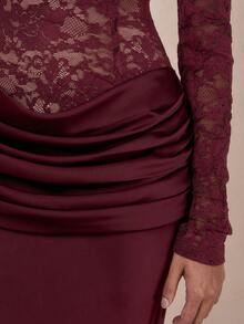 Elegant Women's Off-Shoulder Long Sleeve Lace Ruched Fitted Evening Gown, Suitable For Formal Occasions - Burgundy - View 5