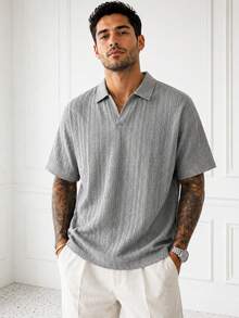 1pc Blueprint Man Men's Polo Shirt, Gray Textured Jacquard Collar Polo Shirt, Drapey Breathable Knit Fabric, Wrinkle-Resistant, Comfortable And Easy Care, Mature Gentleman Style For Daily, Commute, Light Business, Casual Wear, Men's Gift - Grey - View 3