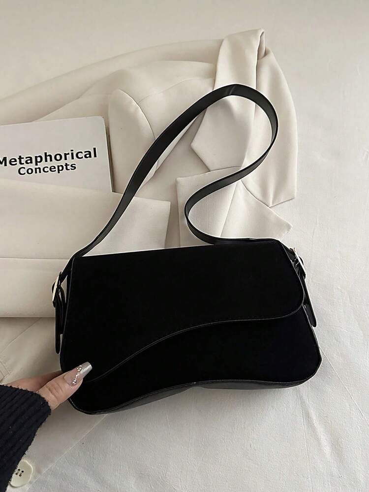 1pc Solid Color Fashion Suede Asymmetrical Flap Vintage Minimalist Elegant Shoulder Underarm Bag - Black - View 4