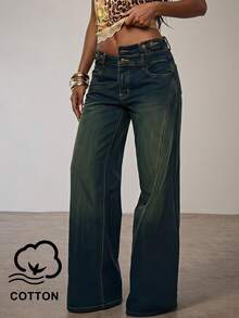 Eshe Glo Women's Dark Blue Vintage Washed Asymmetrical Waist Low-Rise Wide Leg Jeans, Street Wear Y2k Autumn Loose Asymmetric Work Trousers Fall - Dark Wash - View 1