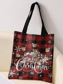 1pc Christmas Plaid Print Print Shoulder Tote,Large Capacity For Books,Groceries & Daily Beach Travel School Use.For Students, Great Daily Bag Or Gift - Red - View 6