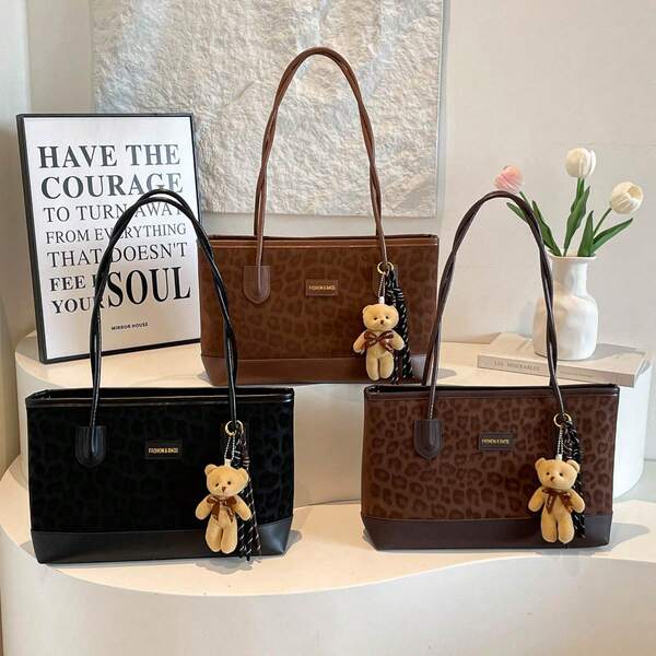 1 pieza Bolso de hombro y axila con estampado de leopardo de gran capacidad, bolso tote versátil de moda de nuevo estilo texturizado de alto valor, bolso de mano vintage para ir al trabajo