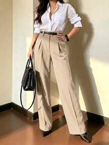 Pantalones de traje para mujer elegantes y casuales de otoño con cintura alta, pierna ancha plisada, detalle de botones dorados, bolsillos laterales, corte holgado, outfit para brunch, ciudad, trayecto al trabajo y día laboral - Albaricoque - Ver 4