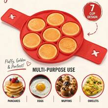 1pc Silicone Pancake Egg Maker / Non-Stick 7-Hole Round Cooking Tool / Easy Baking & Frying / Red Kitchen Essential Mini Pancake Machine - Multicolor - View 6
