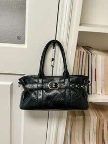 1 buah Tas Tangan Rivet Gaya Jalanan Vintage PU Hitam, Tas Selempang Bahu Dekorasi Sabuk Modis, Tali Bahu yang Dapat Dilepas, Cocok untuk Belanja dan Penggunaan Sehari-hari - Hitam - View 10