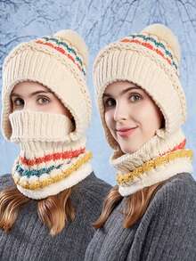 1 pieza Gorro de invierno para mujer con bufanda y mascarilla facial todo en uno, forro térmico, protección para orejas, para montar, a prueba de viento - Multicolor - Ver 1