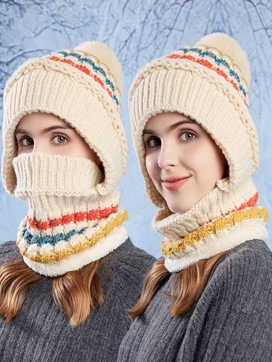 1 pieza Gorro de invierno para mujer con bufanda y mascarilla facial todo en uno, forro térmico, protección para orejas, para montar, a prueba de viento - Multicolor - Ver 1