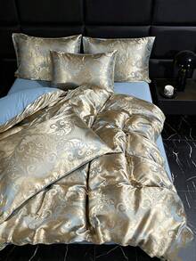 Jacquard Hautfreundliches gebürstetes weiches bequemes Bettbezug Set 3 Stücke (1*Bettbezug+2*Kopfkissenbezüge), geeignet für Schlafzimmer, Gästezimmer - Gold - Übersicht 5