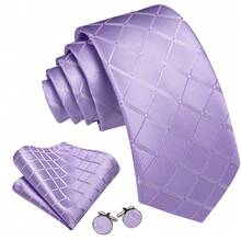 5Pcs Men Purple Plaid Tie Pocket Square Cufflinks Ring Tie Clip Set, Random Cufflink Pattern, Suit Accessories For Wedding - Purple - View 4