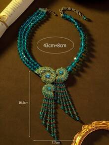 1pc Women's Fashion Vintage Jewelry Necklace, Retro Blue Ocean Style Tassel Seashell Heavy Craft Multi-Layer Faux Crystal Embellished Glamorous Necklace, Suitable For Banquet Wear - Multicolor - View 2