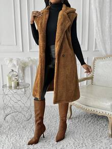 Women's Casual Lapel Double Button Pocket Solid Color Fleece Cardigan Jacket - Brown - View 5