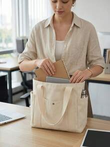 1 Piece Large-Capacity Canvas Bag Multi-Pocket Design Reusable Suitable For Daily Commutes, Work Trips, Camping Vacations, And More Suitable For Daily Home Use, School, Travel, And Shopping - Multicolor - View 12