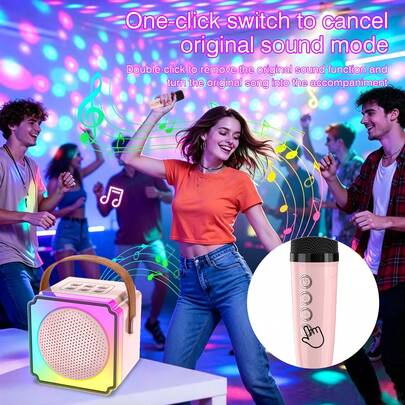 Small Karaoke Machine With 2 Wireless Microphones, USB Charging. Portable Karaoke Machines, Birthday Gifts, Family Gatherings, Outdoor Trips And LED Lights, Compatible With All Smartphones