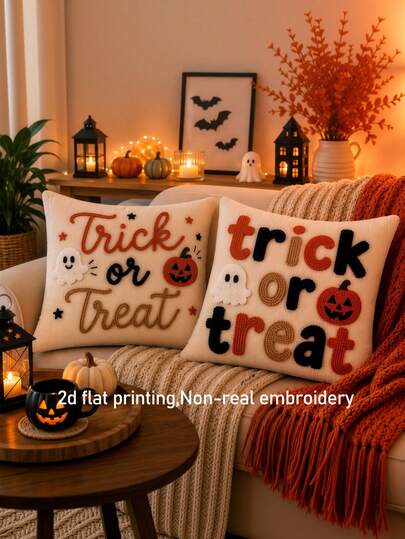 2pcs Halloween Pumpkin & Ghost Pillow Covers, Non-Embroidered, Suitable For Halloween And Autumn Decor, Zipper Closure, For Sofa And Bed, 2D Flat Design