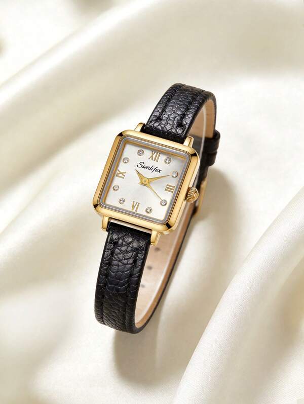 1pc Women's Square Retro Quartz Watch, Gold Alloy Case, White Dial, Black PU Strap, Elegant Watch, Suitable For Daily Wear And Gift Giving