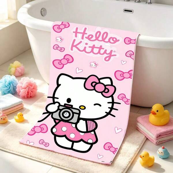 SANRIO Cute Hello Kitty Camera Print Bath Towel - Soft, Absorbent, Quick-Drying Polyester Fiber Bath Towel; Light Pink Background With Bow And Heart Pattern Large Beach Towel; Lightweight Towel Suitable For Bathroom, Pool, Travel And Camping; Sweet And Cute Bathroom Decor Gift For Girls And Children