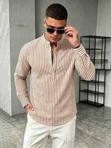 WAIT HIM Men's Casual Striped Half-Placket Long Sleeve Shirt - Khaki - View 6