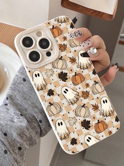 1pc Personalized Autumn Halloween Pumpkin Ghost Plaid Pattern Cream White Full Screen Eye Phone Case Compatible With IPhone 16/16Pro/16Plus/15/15ProMax/15Pro/11/12/13/14ProMax/12Mini/13Mini/11Pro/11ProMax/12Pro/12ProMax/13Pro/13ProMax/14Pro/14ProMax Soft Shell Premium Creative
