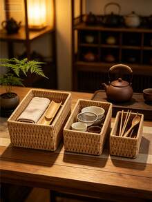 1/3pcs Handmade Woven Rattan Storage Tray Desktop Organizer, Suitable For Cosmetics, Keys, Jewelry, Stationery And Other Small Daily Items, Multi-Functional Stackable, Rustic Natural Woven Rattan Finish, Versatile Fashionable, Suitable For Home Living Room Bedroom Study Office Desktop - Camel - View 8