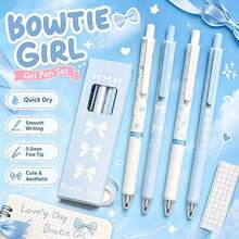 4pcs Set Retractable Bow Gel Pens, 0.5mm Fine Point Black Ink For Smooth Writing, Office And School Supplies, Style Blue For Women, Beaded Pens, Engraved Ballpoint Pens With Decorations, Fun Work Pens - A - View 4