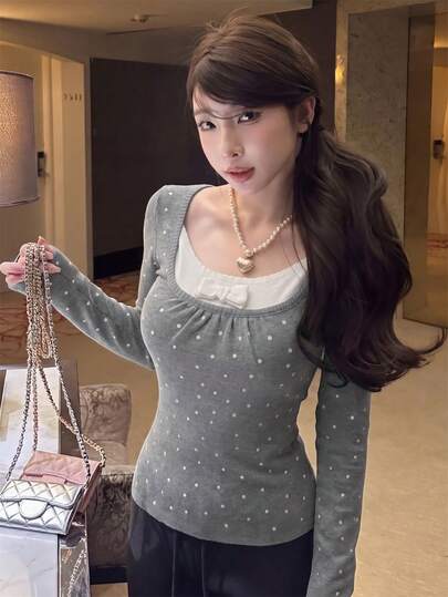 Autumn/Winter Casual Korean Sweet Polka Dot Square Collar Knit Sweater, Fitted Slimming Contrast Color Bow Tie Long Sleeve Top, Warm Gentle Elegant Versatile Base Layer Pullover
