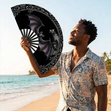 Halloween Gothic Bat Gargoyle Print Folding Hand Fan, Plastic Black Ribs Style 1pc, Dark Mysterious Style Decorative Cooling Fan, Suitable For Theme Parties, Daily Outings And Gothic Style Events - A - View 4