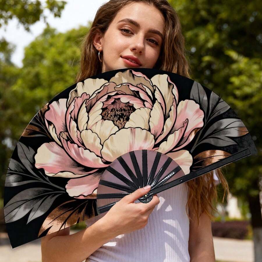 مروحة يدوية بطبعة زهرة الفاوانيا الكبيرة العتيقة، بأسلوب نسائي، تصميم زهري أنيق مع خلفية داكنة متآكلة، متوفرة بأحجام متعددة، هدية مثالية للتخرج وعيد الأب والعطلات والأعراس، مثالية للاستخدام اليومي والإهداء - A - مشاهدة 1