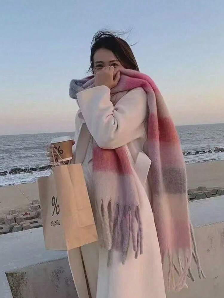 1件小格紋圍巾，柔軟保暖，適合秋冬穿搭 - 彩色 - 查看 4