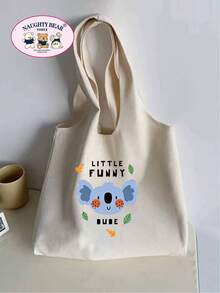 1pc Beige Many Animal Families English Print Women's Canvas Tote Bag Vest Shopping Bag - Beige - View 5