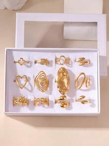12PCS Exaggerated Elegant 18K Gold Plated Stainless Steel Heart Flower Geometric Crown Bow Rings Jewelry Box Set Gift Box Packaging Suitable For Women Daily Wear And Gifting - Gold - View 8