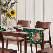 1pc Dark Green Background Christmas Tree & Snowflake Print Table Runner, Linen Texture Holiday Table Runner, For Dining Table Christmas Party Home Decor - Green - View 5