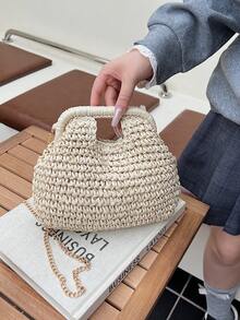 Dedoo Women's Dumpling-Shaped Woven Straw Crossbody Bag, Chain Shoulder Strap, Hand Carry Handle, Bohemian Style, Suitable For Summer Beach Vacation (Includes Gift Bag) - Beige - View 7
